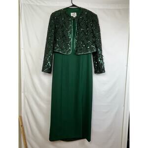 Vintage Caron Chicago Women's Size 12 Green 2 Piece Sequin Jacket and Maxi Dress